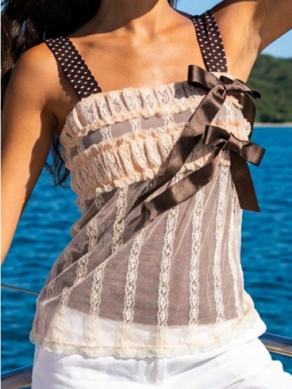 Handmade Brown with Beige-pinkish  Lace-Trim Sleeveless Top with Bow